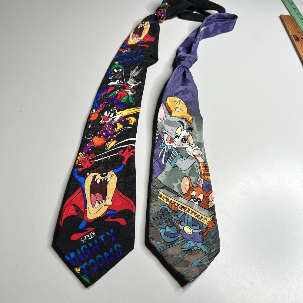 Vintage Looney Tunes Cartoon Network Tie Lot 2 Mens One‎ Size Tom Jerry 90s